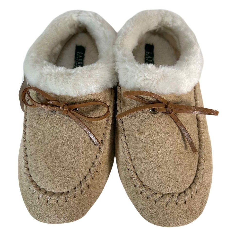Lauren Ralph Lauren RL121 Wheat Suede Faux Fur Moccasin Slippers Women L 8-9 NEW